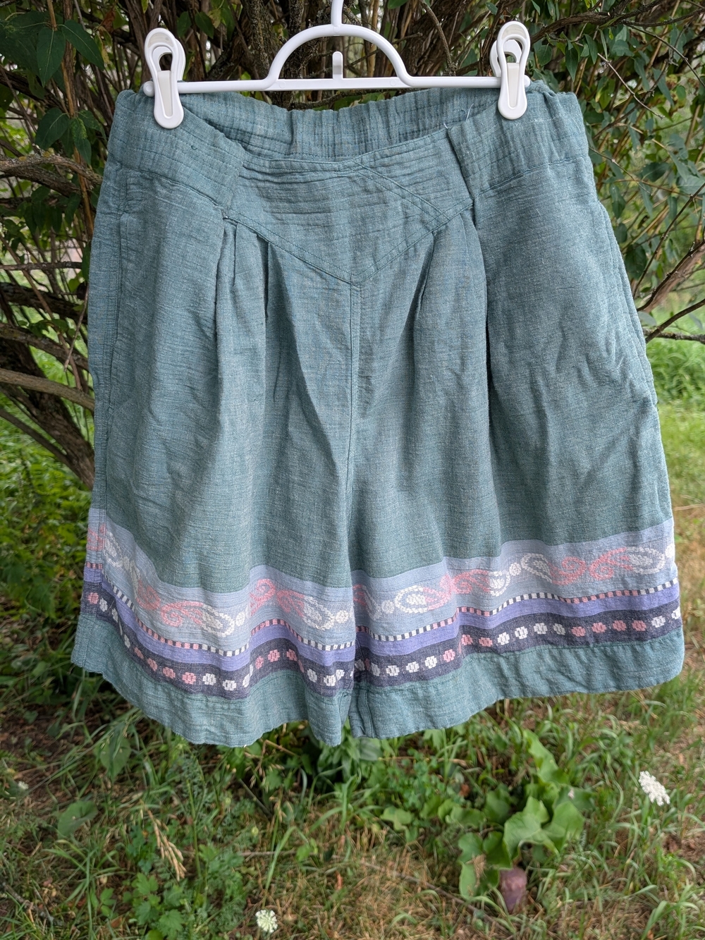Vintage Teal Cotton Shorts with Embroidered Border